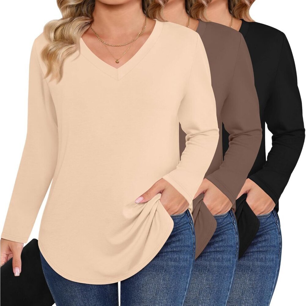 3 Pack Plus Size V Neck T-Shirts Long Sleeve Curved Hem Comfortable